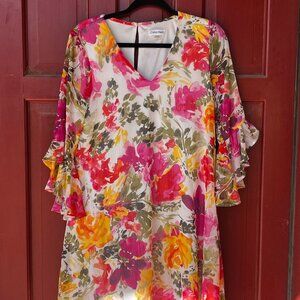 Calvin Klein V-Neck 3/4 Sleeve Crinkled Chiffon Pink Floral Shift Dress